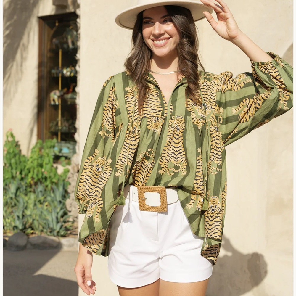House of Sundar Green Stripe Meera Blouse Tigress Vine Tiger Oversized Size XL